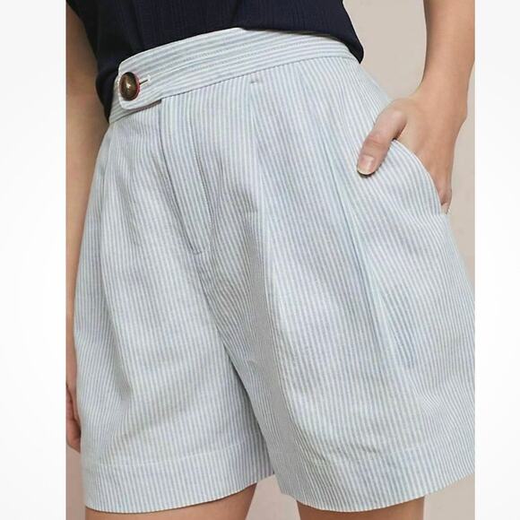 BY ANTHROPOLOGIE | Blue White Seersucker Linen Blend Striped Shorts | Size XL - Picture 1 of 11